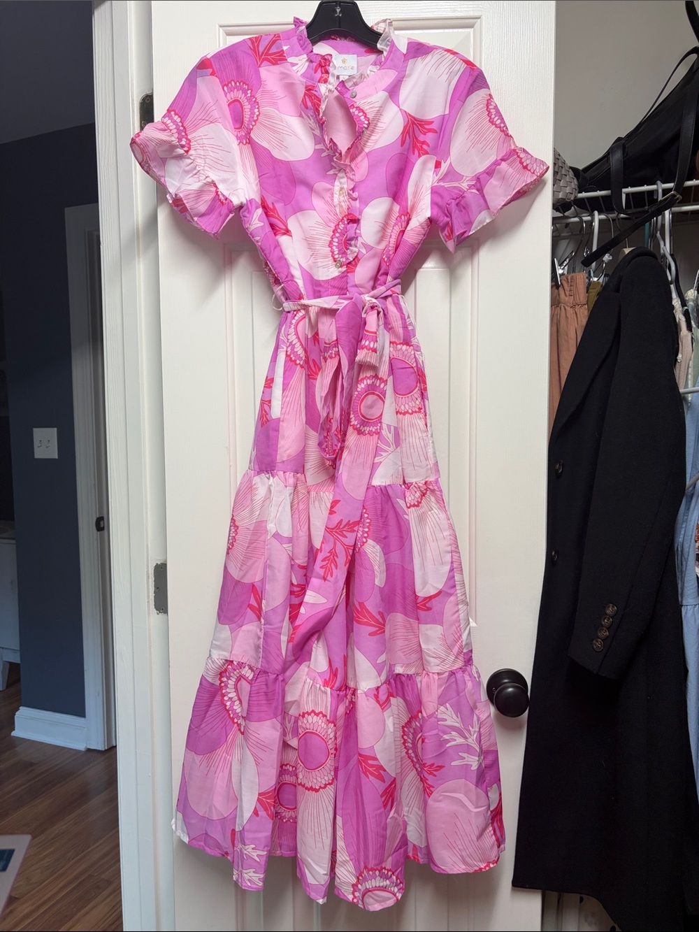 Pink Floral Tiered Maxi Dress with Tie Waist